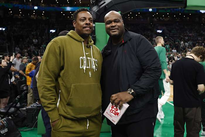 Former Boston Celtics great Paul Pierce (left) and Antoine Walker before the game between the Boston Celtics and the Miami Heat at TD Garden. 